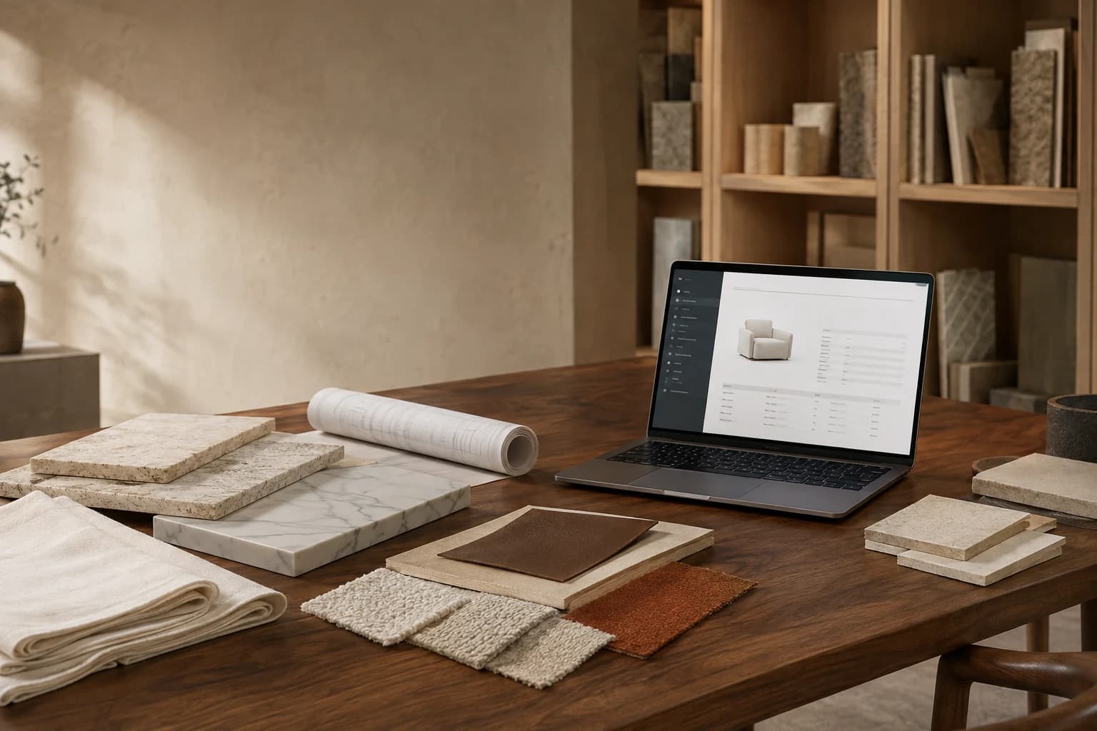 An interior design studio worktable with stone and textile samples, architectural drawings, and a laptop displaying an illustrative specification workspace.