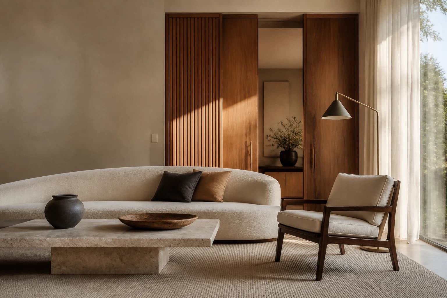 Refined residential living room with an ivory curved sofa, walnut lounge chair, travertine table, and warm natural light.