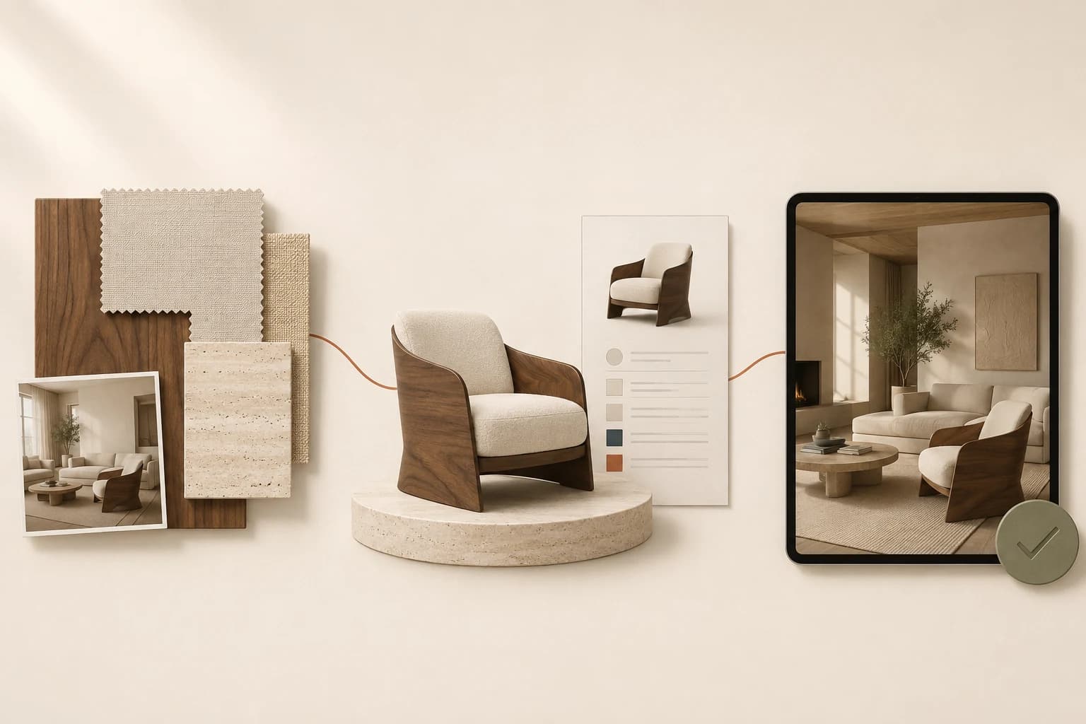 Material swatches connect to a walnut lounge chair and specification card, then to a client presentation of the furnished room.