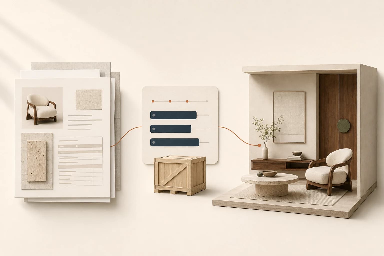 Furniture specifications and supplier quote sheets connect to a procurement timeline and shipping crate, then to a furnished miniature interior.